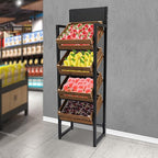 4 Tiers Retail Display Rack, Single Row Wood Market Shelf Commercial Fruit and Vegetable Basket Stand Rack Set Snack Pantry Shelf Unit for Kitchen, Office, Store, Supermarket