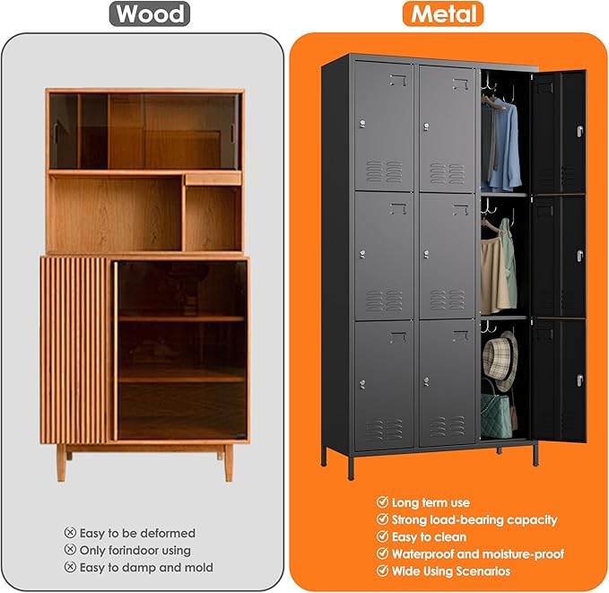 Aobabo New 9 Doors Metal Storage Locker for Employees, Lockable Steel Locker with Name Card Slot and 27 Hooks for School Office Gym Garage, Black, Assembly Required