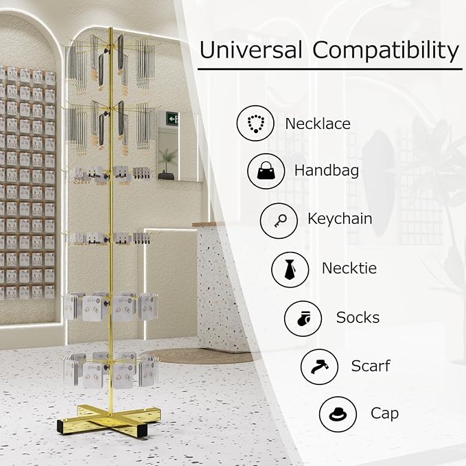 6-Tier Gold Rotating Display Stand 360° Spinning Heavy-Duty Retail Display Rack With Hooks For Jewelry, Keychains, Socks, Toys Commercial Use