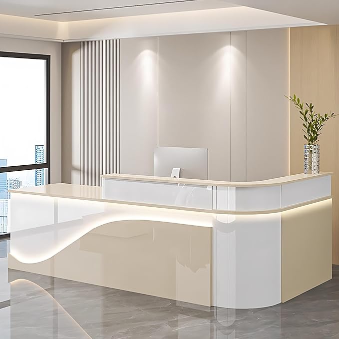 Modern Reception Desk – Front Desk, Reception Counter for Office, Checkout Counter, LED Lighting, Storage, Soft Close Drawers, Custom Logo, Fully Assembled (B,76IN)
