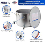 MirOil Oil Disposal Caddy with Caster Wheels (7 Gallon) – Heavy Duty Silver Filter Pot with Lid Lock for Commercial Kitchen Disposal Storage - Up to 55lb Grease Container for Kitchen - Model #60LC