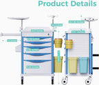 Adjustable Rolling Medical Storage Crash Cart - Includes Silent Casters, IV Pole, Needle Disposal Holder, Trash Bin & O2 Holder - Ideal Nursing Trolley for Clinics, Hospitals
