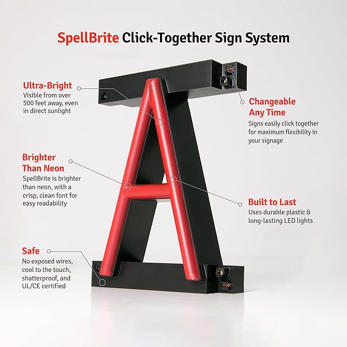 SpellBrite Custom Signs for Business | Custom Neon Sign Look, LED Light Source | Changeable 6.3" LED Letters (2 rows, 10 characters)