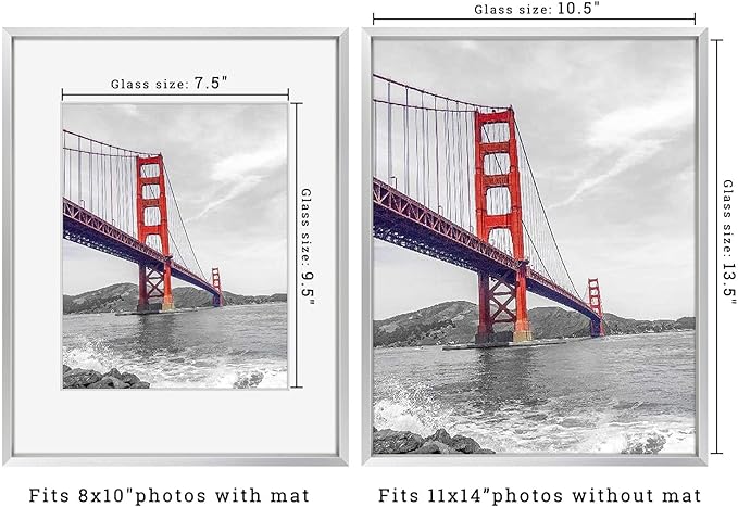 Frametory, 11x14 Metal Picture Frame with Mat for 8x10 Picture & Real Glass, Aluminum Photo Frame Collection (Silver, 1 Pack)