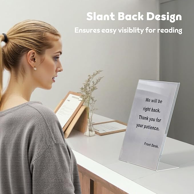 NIUBEE 6Pack 8.5x11 Acrylic Sign Holder with Vertical Slanted Back, Clear Plastic Sign Stand Frames, Flyer Document Paper Display Stand for Office Desktop