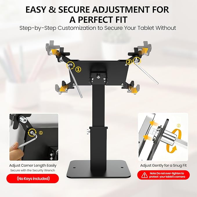 Adjustable Height Rotating Tablet Stand with Anti-Theft Lock, 360°Swivel & Tilt Aluminum & Carbon Steel Holder for 9.7-13 inch Tablets, for Desk, Office, Retail, Education(Black)