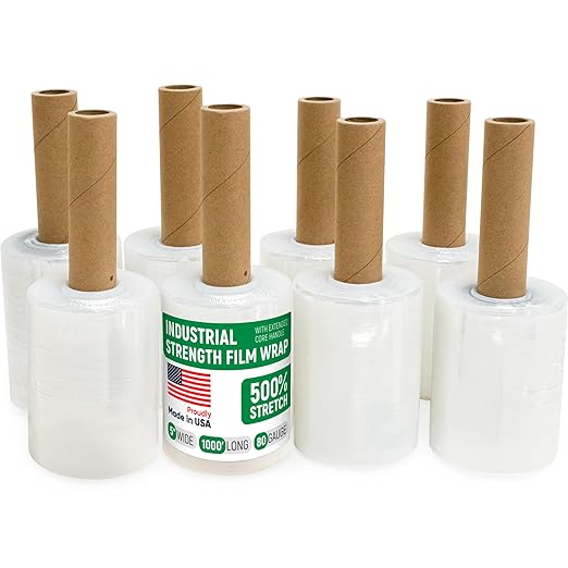 5" x 1000' Industrial Strength Mini Stretch Wrap with Extended Core Handles, Ready to Use Pack of 8 Clear Stretch Film Rolls, 80 Gauge, 500% Elongation - Shrink Wrap for Moving, Packing