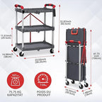 3-Tier Foldable Utility Cart with Wheels, Portable Rolling Storage Trolley, 167 lbs Load Capacity, No-Assembly Organizer for Office, Home, Garage, Restaurant, and Warehouse, Grey
