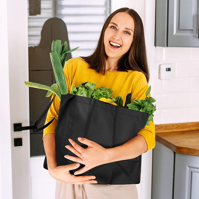 WISELIFE Reusable Grocery Shopping Bags 10 Pack Large Foldable Tote Bags Bulk, Long Handle for Shopping Groceries Clothes (Dark Grey & Black)
