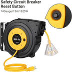 DEWENWILS Retractable Extension Cord Reel, 50FT Power Cord Reel with 14AWG/3C SJTOW, 13A Circuit Breaker, Wall/Ceiling Mounted, 3-Lighted Triple Outlets for Garage, Workshop, UL Listed, Yellow