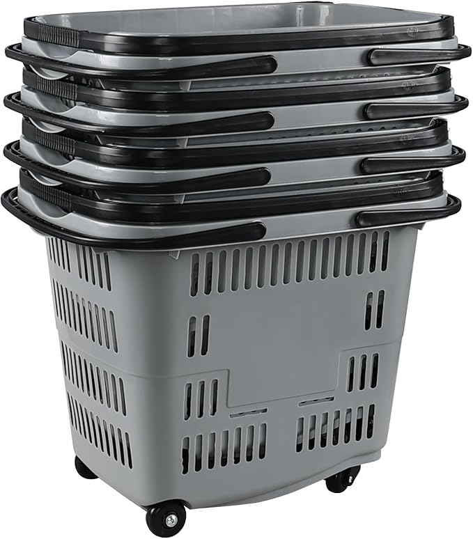 50 Liter Plastic Shopping Basket with Wheels, 4 Pack Large Rolling Baskets for Groceries, Gray