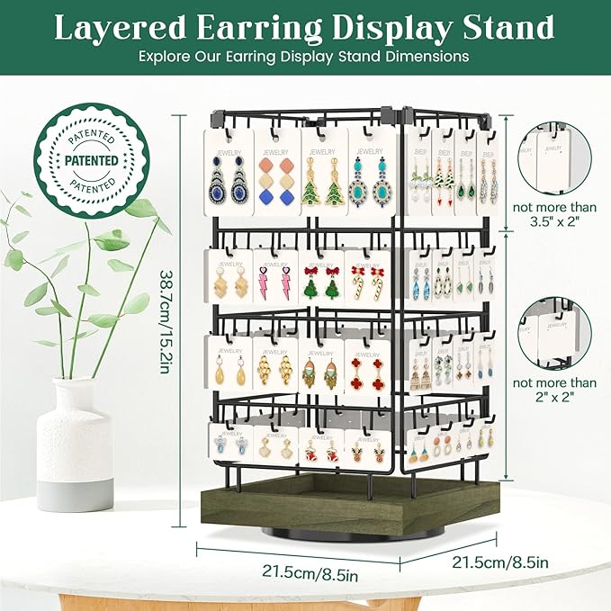 EsLuker.ly Rotating Earring Display Holder Stand for Vendors Events Selling, Large Capacity 64 Hooks Jewelry Rack with Wooden Base for Earring Card Sales, Enhances Retail Visibility(Rustic Gray)