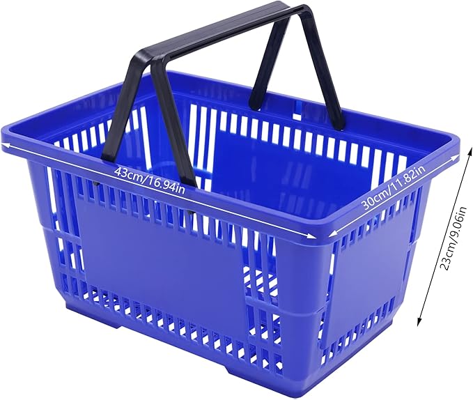 12PCS Shopping Baskets with Handles, 21L Plastic Grocery Basket for Retail Store, Supermarket, Grocery Shopping |17" x 12" x 9" Portable Shop Basket (Blue)