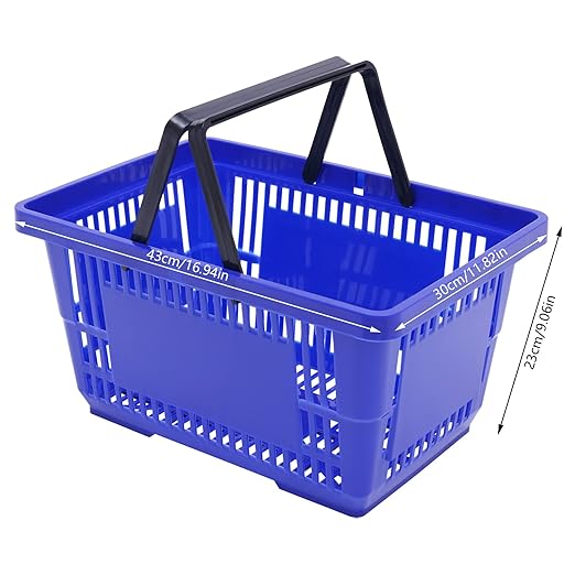 12Pcs Plastic Shopping Baskets with Handles, 18L/4.7Gal Durable Plastic Shopping Cart, Large Portable Grocery Basket for Retail Store, Supermarket, Blue