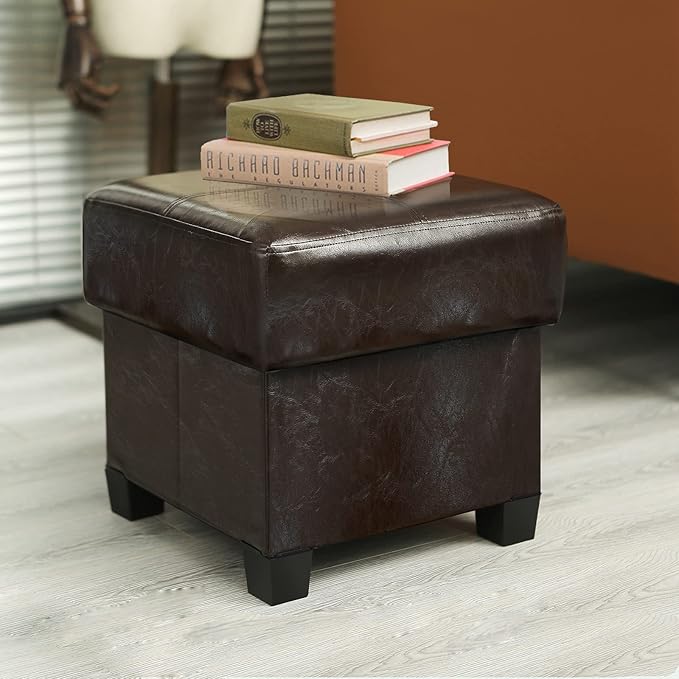 GLAXYFUR Storage Ottoman Cube Folding Footstool PU Leather Bench with Legs, Ottoman with Storage for Living Room, Bedroom, Brown