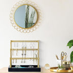 SANY DAYO HOME 3-Tier Earring Holder Organizer Stand, 105 Holes Gold Metal Earring Rack Jewelry Display Tree with Black Wood Tray for Women and Girls