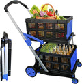 Collapsible Shopping Cart with 2 Storage Crates 2-Tier Portable Utility Cart with Swivel Wheels 200lb Capacity Heavy Duty Folding Shopping Trolley for Office Warehouse Catering (Blue)