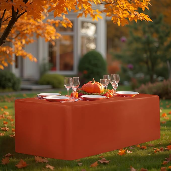 HolidayIdeas 4 Pack Fitted Tablecloth for 8ft Tables, Rust Table Cover for Christmas Vendor Booth Display, Market Stall, Craft Fair, Fall Festival, Wrinkle Resistant with Professional 4-Sided Coverage