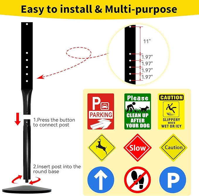 Heavy Duty Sign Base Cast Iron Sign Post with 12" Diameter Bottom Round Base, 48" Movable Sign Stand for Hanging Signs, 2PACK