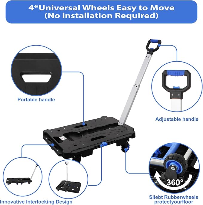 LEADALLWAY 2 Pcs Set Platform Truck Folding Multiple Carts Assembly Feasible Dolly Cart(24.4" L x 17.7" W with Handle + 24.2" L x 18.1" W)