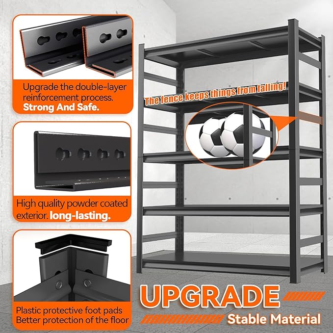 Garage Shelving, 72" H × 48" W Heavy Duty Metal Shelving - Easy to Assemble, Adjustable 5-Tier Storage Shelves, Double-Thickened Columns, 3000 lbs Capacity, for Garage, Pantry Storage, Black