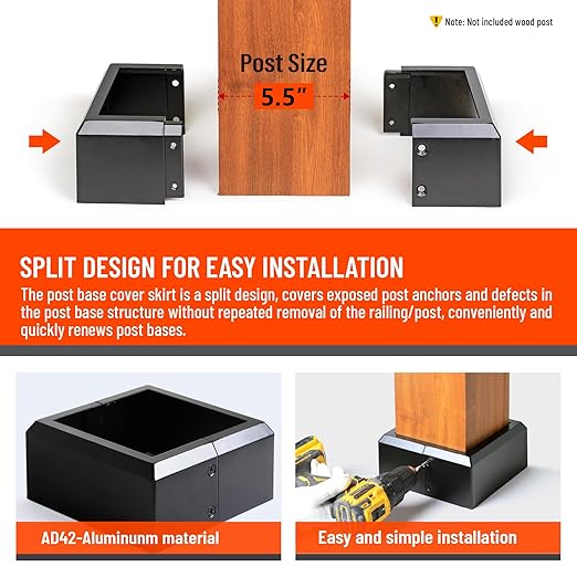 6"x6" (Actual: 5.5"x5.5") Deck Post Base Cover Split, Aluminum Post Base Trim Skirt Decorative Black 4Pack