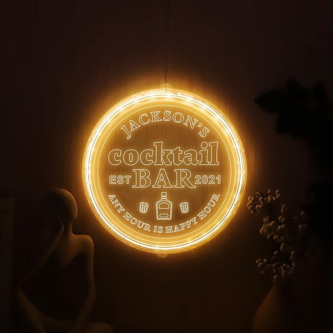 Custom Bar Sign - Personalized Acrylic Bar Led Light Sign for Man Cave Game Room - Established Year - Round Neon Light Up Sign, 21CM
