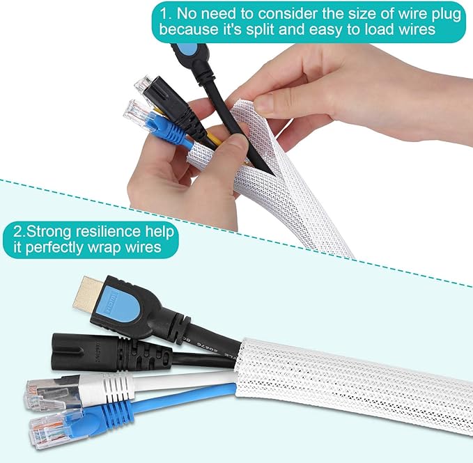 6.6ft - 1 inch White Cable Sleeve, Cable Organizer for Desk PC TV Computer, Wire Protector Cable Wrap Cover, Cord Management for Home Office