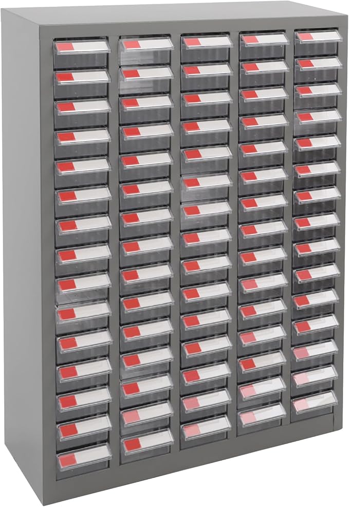 75 Drawer Parts Cabinet,Metal Tool Cabinet with Each Drawer 5.5 Lbs Load ,Bolt and Nut Tool Storage Box with Hooks , Material Cabinet for Hardware Stores, Warehouses, Car Repair Shops(Grey & Clear)