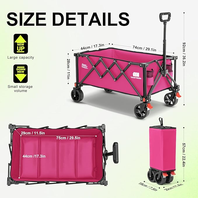 Collapsible Wagon with Wheels,Wagons Carts Foldable Wagon Cart with Flexible Handle, Lightweight Portable Folding Utility Grocery Shopping Cart for Grocery Sports Garden Camping(Pink)