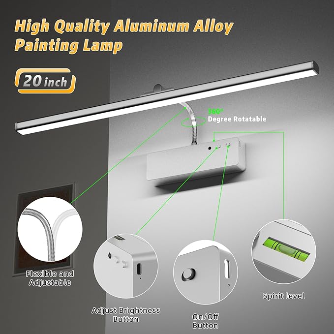 Lightbiz Picture Light, 20inch 6000mAh Rechargeable Picture Lights for Wall Battery Operated Wall Lights, 3 Colors Paintings Light Dimmable Art Light for Artwork, Gallery (Silver)
