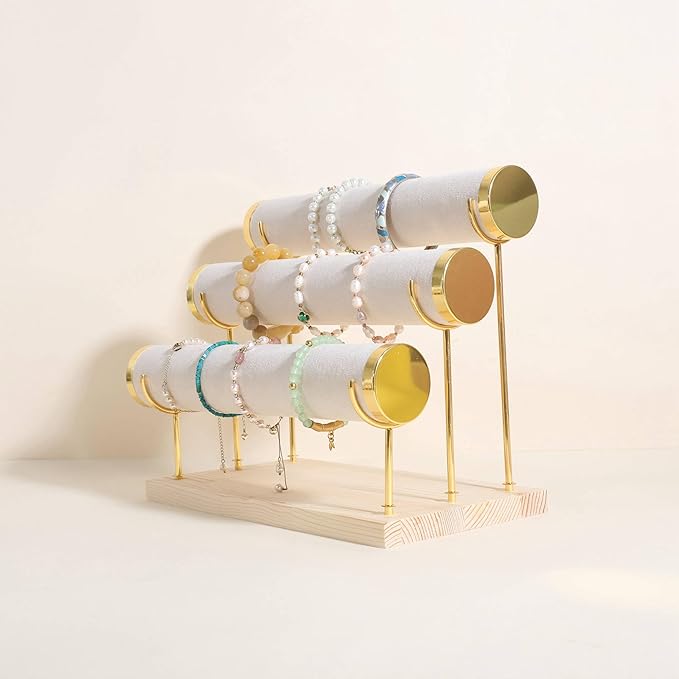 GemeShou Velvet Bangle storage oragenizer for selling, Beige bracelet storage rack for boutique store, Velvet wrap watch holder with wooden base for women girls【Bracelet holder-three tiers】