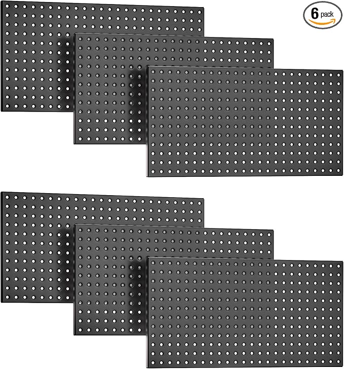 EVERHANGER Metal Pegboard Panels 24" x 12", Heavy Duty Steel Peg Boards for Garage, Pegboard Wall Organizer for Tool Storage and Organization, Black, 6 Pack