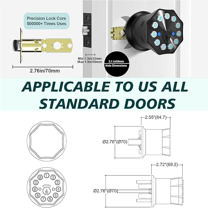 Black Door Knobs with Digital Keypad Lock, Electronic Door Lock with Handle for Home, Bedroom, Apartment, Garage, Office