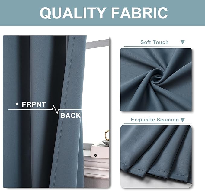 ChrisDowa Blackout Curtains 108 Inches Long for Living Room, Grommet Thermal Insulated Room Darkening Curtains for Bedroom (1 Panel Set, Stone Blue, 52W x 108L)