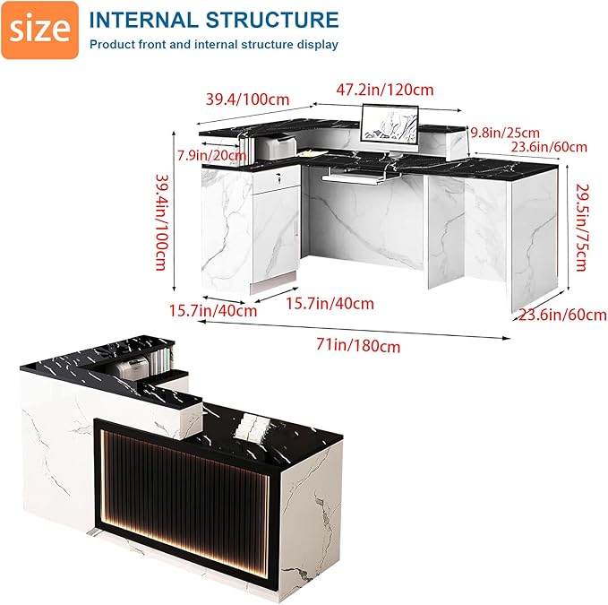 L-Shaped Reception Desk with Counter LED Light and Lockable Drawers and Storage Tall Modern Front Desk Reception Counter for Checkout Lobby Beauty Salon D Left 71inch/180cm