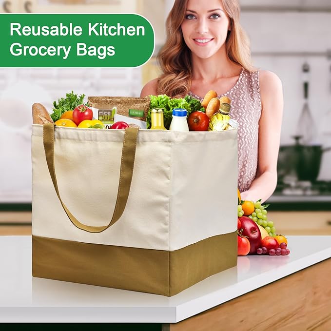 3 Pack Canvas Reusable Grocery Bags Heavy Duty, 8.3 gal Foldable Large Tote Bag with Handles, Holds 60 lbs Canvas Shopping Bags & Washable Eco-friendly Bags with 5 Pockets, camel+Off white
