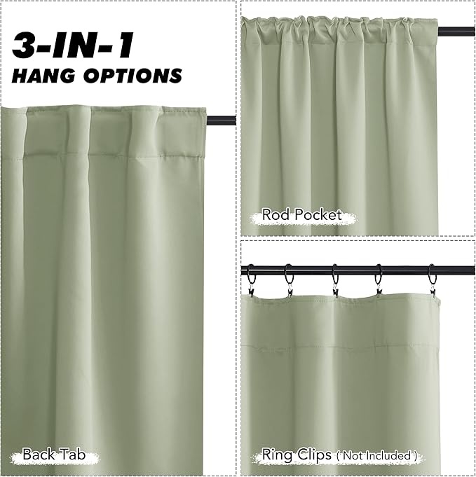 KGORGE Room Darkening Curtains 54 inch Length, Privacy Thermal Insulated Noise Reducing Small Window Treatments for Bedroom Kitchen, Back Tab Rod Pocket, W52 x L54 inches, Sage Green, 2 Panels