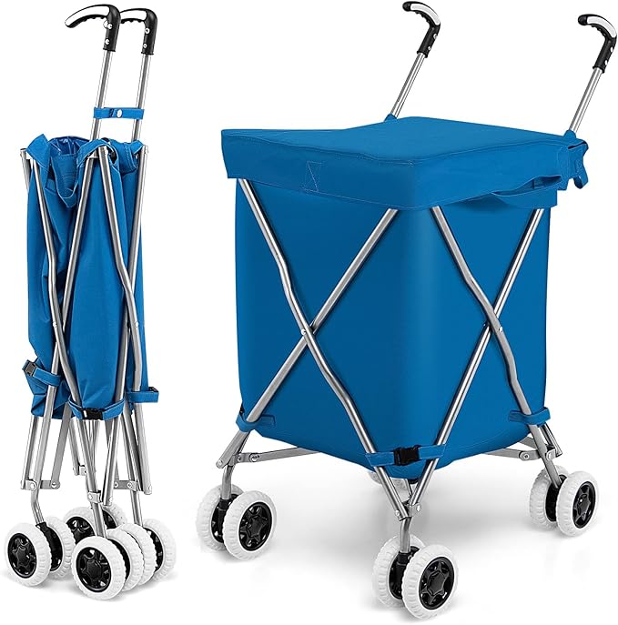 GOFLAME Folding Shopping Cart on Wheels, Waterproof Grocery Cart with Removable Cover and 360° Swiveling Wheels, Collapsible Utility Cart for Groceries and Laundry, 120LBS Load Capacity, Blue