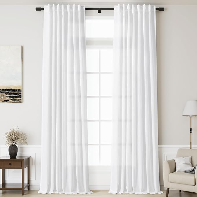 Nanspring Extra Long Linen Curtains 136 Inches Long for Dinning Room 2 Panels Set White Back Tab Rod Pocket Light Filtering Semi Sheer Drapes Linen Textured Window Curtain for Bedroom 52x136