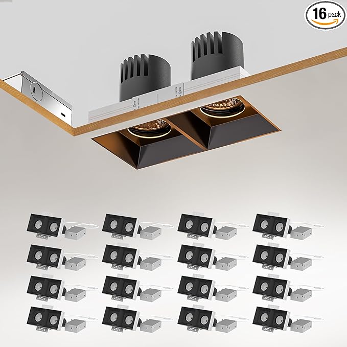 LED Square Recessed Lighting 16 Pack, 24W Aluminum Trimless Downlight, Adjustable Ceiling Light with junction Box, 5 CCT 2700K-6000K, TRIAC Dimming Rotation Spotlight for Living Room Bedroom