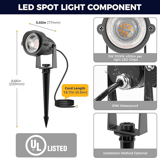 L LOHAS LED 5W Low Voltage Landscape Lighting, Christmas Outdoor Spot Lights with Connectors, 12V 24V IP66 Waterproof 3000K Warm White Plug in Spotlights for Yard, Garden, Pathway, House (4 Pack)