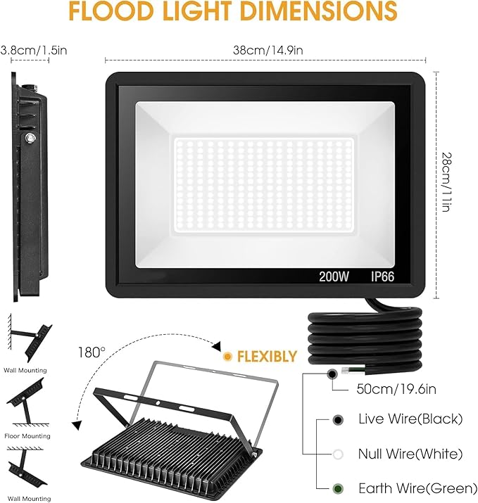 200W LED Flood Light(3 Pack), Super Bright 22500lm Security Lights, IP66 Waterproof Outdoor Flood Light, 5000K Daylight Floodlight for Yard, Garden,Basketball Court, Arena