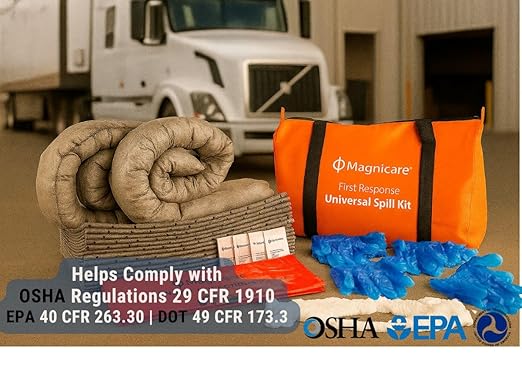 Universal Spill Kit OSHA Approved (4 Pack) - Biohazard Clean up Kit for Oil, Water & Chemicals | Absorbent Pads, Socks, PPE, Biohazard Bags in Bright Orange Duffel Bag - 4 Pack
