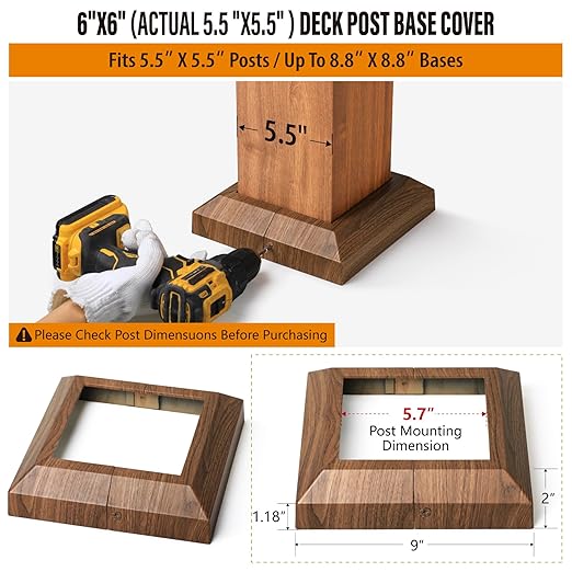1 pcs 6"x6" (Actual: 5.5"x5.5") Aluminum Deck Post Base Cover, for Deck railings, Stairs, Patios, Porches Split Deck Post Skirt (Walnut Wood)