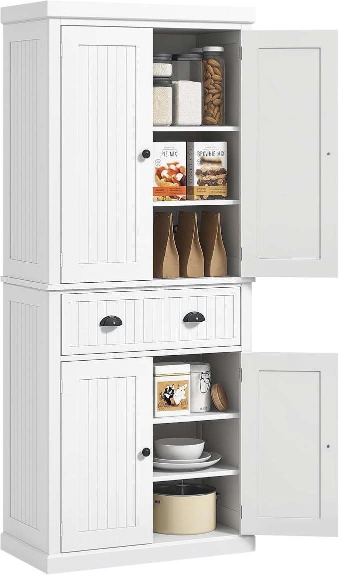 HOMCOM 72" Kitchen Pantry Cabinet, Freestanding Tall Storage Cabinet, Traditional Kitchen Cabinet with 4 Doors, Drawer and 3 Adjustable Shelves for Dining Room, White