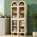 71” Tall Arched Pantry Cabinet with Glass Door, Display Cabinet Organizer, Versatile Pantry with Top-Opening Storage Container for Living, Kitchen Dining Room, Natural