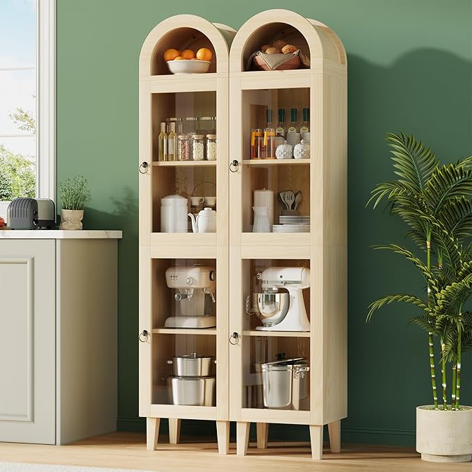 71” Tall Arched Pantry Cabinet with Glass Door, Display Cabinet Organizer, Versatile Pantry with Top-Opening Storage Container for Living, Kitchen Dining Room, Natural