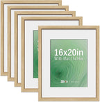 VCK 16x20 Picture Frame 5 Pack - Natural Oak, High-End Wood Poster Frames with Tempered Glass, Display 11x14 Photo with Mat or 16x20 without Mat, Art Gallery-Quality, Wall Hanging, Natural Oak