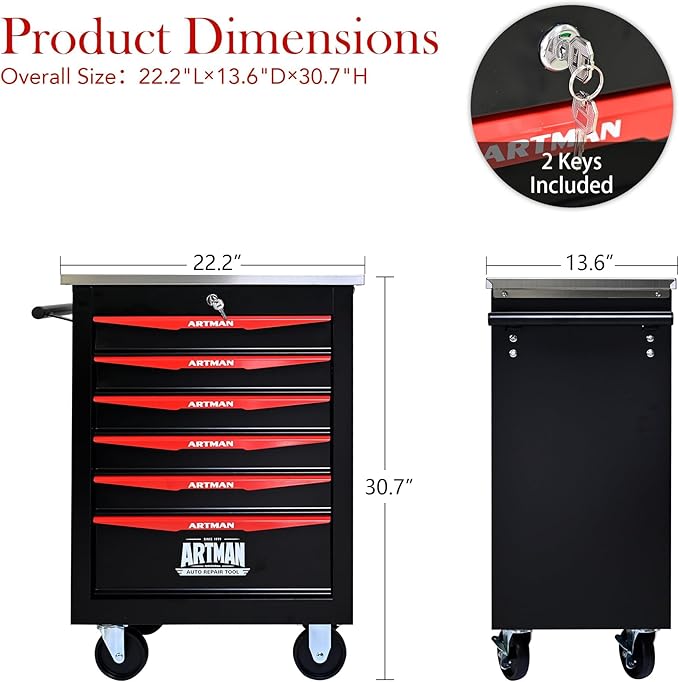 6-Drawer Heavy-Duty Rolling Steel Tool Cart with Handle&Wheels, Metal Storage Organizer Cabinet, Tool Chest for Efficient Tool Storage in Garage, Warehouse, Workshop, Repair Shop, Black&RED